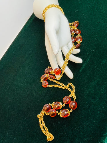 Crown Trifari Root Beer Bead and Gold Chain Necklace